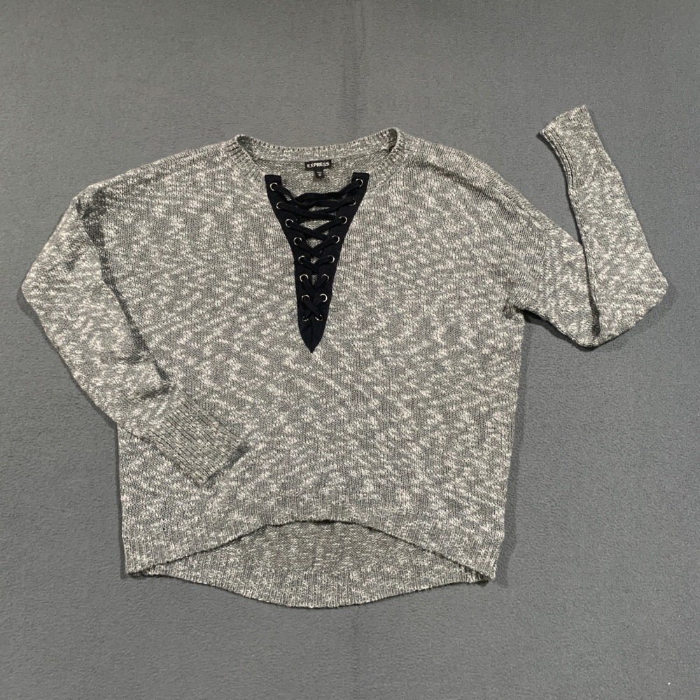 Express Sweater Womens M Gray Lace Up V-Neck Space Dye High Low Pullover Boho